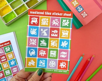 Medieval Tiles A6 Vinyl Sticker Sheet: Bright Colours. Medieval Stationery.
