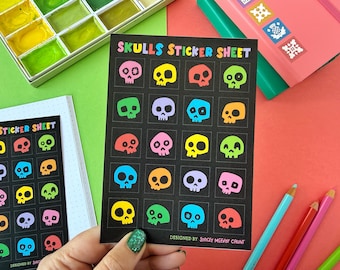 Rainbow Skulls A6 Sticker Sheet: Halloween Stationery and Stickers.