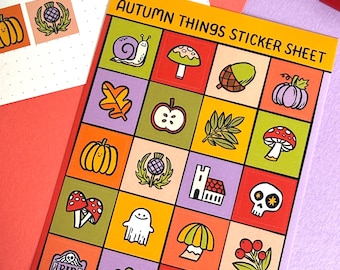 Autumn Things Sticker Sheet. Halloween Pumpkin Mushroom Sticker. Fall Stationery.