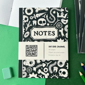 Skull and Bones A5 Notebook. Skeleton Dot Grid Notepad. Halloween Stationery.