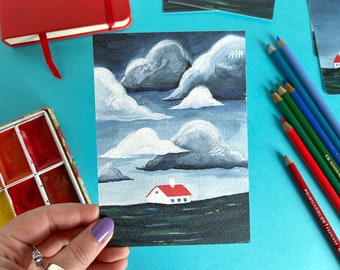 Red Cottage Postcard. Cottage Postcard. Bothy Postcard. Landscape Painting. Landscape Print. Landscape Postcard. Cottage Print. Rain Clouds