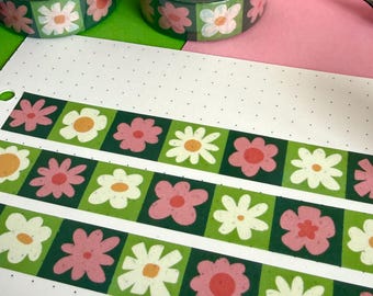 Pink and Green Flower Grid  Washi Tape. Journaling, Planner, Stationery.