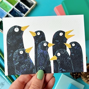 Blackbirds Waiting Postcard. Blackbird Print. Blackbird Illustration. Blackbirds. British Folklore. Bird Lover. Cute Bird Print. Birder.