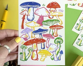 Colourful Mushroom Illustration Postcard. Fungi Art or Mini Print.