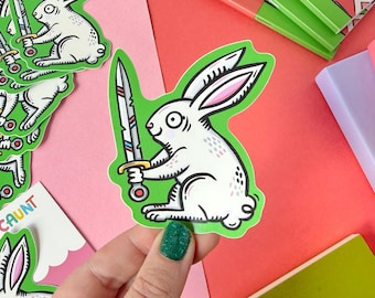 Duelling Bunny Vinyl Sticker: Medieval Rabbit Maginalia Stickers.