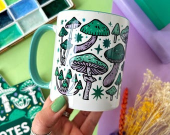 Green Mushrooms and Fungi Ceramic Mug. Autumnal Halloween Mug.