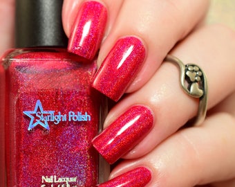 Poinsettia - Red Pink Holographic Polish, Winter Holodays, Holo Indie Nail Lacquer, Starlight and Sparkles