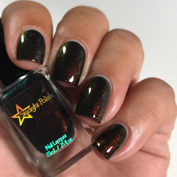 Phoenix Night - Black Color Shifting Polish, Red to Green Shimmer, Indie Nail Lacquer, Unicorn Pee, Liquid Euphoria, Starlight and Sparkles