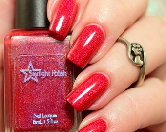 Holly Berry - Red Holographic Polish, Winter Holodays, Holo Indie Nail Lacquer, Starlight and Sparkles