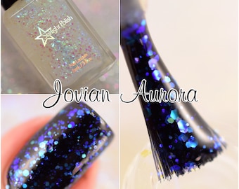 Jovian Aurora Top Coat - Blue to Violet Iridescent Glitter Polish, Color Shifting, Topper, Indie Nail Lacquer, Starlight and Sparkles