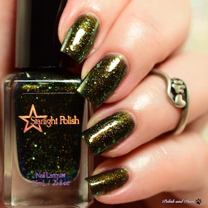 Dragon Aurora Night - Black Color Shifting Polish - Gold to Green Shimmer, Iridescent Glitter, Indie Nail Lacquer, Starlight and Sparkles