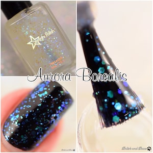 Aurora Borealis Top Coat - Turquoise to Blue Iridescent Glitter Polish, Color Shifting, Topper, Indie Nail Lacquer, Starlight and Sparkles