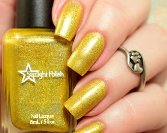 Golden Rings - Yellow Gold Holographic Polish, Winter Holodays, Holo Indie Nail Lacquer, Starlight and Sparkles