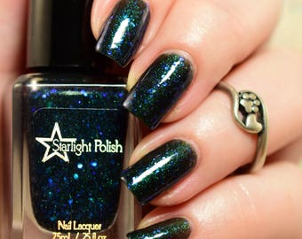 Kelpie Aurora Night - Black Color Shifting Polish, Teal to Violet Shimmer, Iridescent Glitter, Indie Nail Lacquer, Starlight and Sparkles