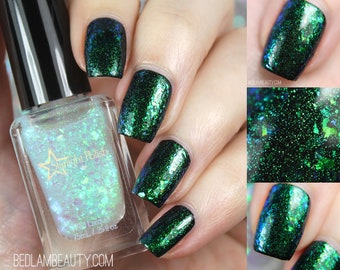 Unicorn Opal Top Coat - Green to Blue Color Shifting Flake Shimmer, Effect Polish, Nail Lacquer, Iridescent Flakies, Starlight and Sparkles