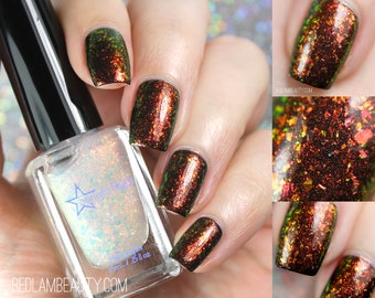 Phoenix Opal Top Coat -  Red Green Color Shifting Flake Shimmer, Nail Lacquer, Unicorn Pee Polish, Iridescent Flakie, Starlight and Sparkles