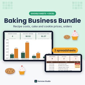 Könnte beinhalten: Ein digitales Baking Business Bundle für Google Sheets und Excel mit zwei Tabellenkalkulationen. Die Anzeige zeigt eine Analyse der Rezeptkosten, Balkendiagramme zur Preisgestaltung und eine Tabelle zur Auftragsverfolgung.