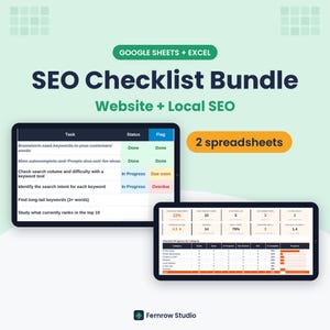 May include: An SEO checklist bundle for Google Sheets and Excel featuring two digital spreadsheets. The display shows task lists with status columns and progress metrics, including data tables for website and local SEO management by Fernrow Studio.