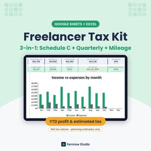 May include: A digital Freelancer Tax Kit for Google Sheets and Excel featuring a 3-in-1 dashboard with Schedule C, quarterly, and mileage tracking. The screen displays an Income vs expenses by month bar chart and YTD profit data.