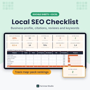May include: A digital Local SEO Checklist dashboard for Google Sheets and Excel. The interface displays metrics including checklist progress, citations, reviews, and keyword rankings, with a table detailing task completion by category.