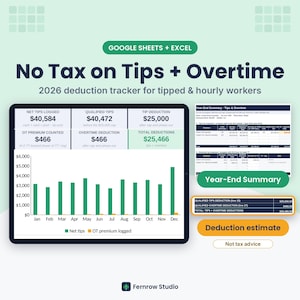 No Tax on Tips Tracker 2026, Overtime Deduction Log, Server Tip Tracker Spreadsheet, Google Sheets & Excel, Tip Log for Bartenders