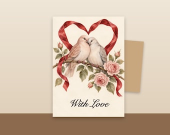 Valentinskarte im Aquarell-Stil zum Ausdrucken: Liebesvögel und Seidenband | Druckbare Valentinskarte | Sofort-Download (5x7 Zoll)