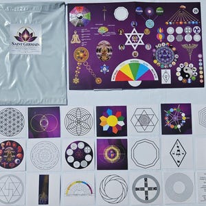 May include: A Saint Germain Healing Tools kit featuring a large purple instructional chart with various geometric symbols, diagrams, and a color-coded scale, accompanied by a set of twenty-four square cards displaying diverse patterns and symbols.