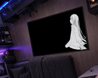 Anime Girl Sketch Printed Area Rug | Minimalist Manga Floor Mat | Dark Aesthetic Room Decor