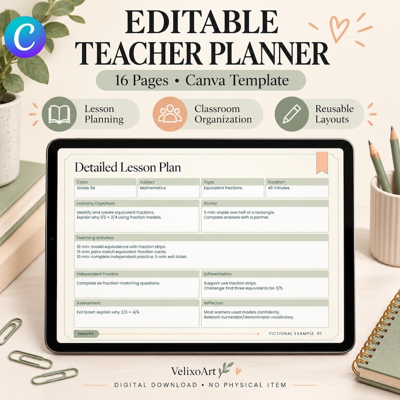 Editable Teacher Planner Canva Template, Undated Lesson Planner ...
