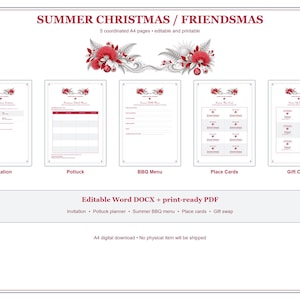 Kit per la festa di Natale tra amici in formato A4: invito per Natale estivo, programma per il pranzo condiviso, menù per il barbecue e biglietti di auguri.
