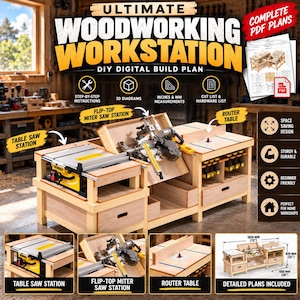 May include: A digital woodworking workstation build plan featuring a multi-functional workbench with a table saw station, a flip-top miter saw station, and a router table. Includes 3D diagrams, step-by-step instructions, and a cut list.