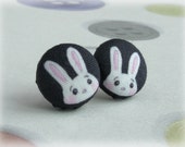Bunny Button Earrings Easter White Rabbit on Black Background Post Stud Earring Pair Studs Illustrated Printed Monochrome Fabric