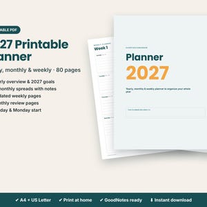 Puede incluir: Un planificador imprimible 2027 en PDF de 80 páginas con vistas anuales, mensuales y semanales. La portada muestra el texto Planner 2027 en verde oscuro y naranja. Incluye una página de planificador semanal y una vista de calendario.