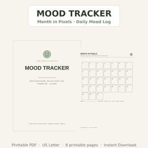Mood Tracker Printable Bundle, Month in Pixels Chart, Daily Mood and Energy Log, Feelings Journal Pages, Wellness Planner PDF