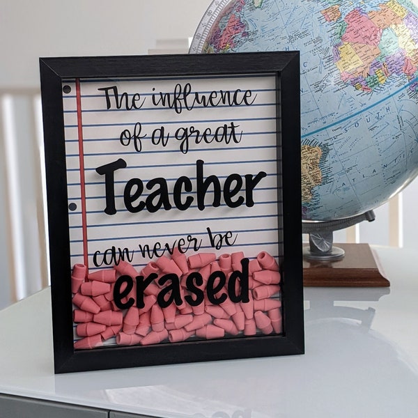 Personalized Teacher Appreciation Gift - The Influence of a Good/Great Teacher Can Never be Erased - Shadow Box - Erasers - School Christmas