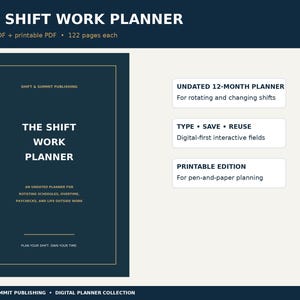 May include: A dark blue Shift Work Planner with gold text, featuring 122 pages in fillable and printable PDF formats. The cover includes the title, Shift & Summit Publishing, and the tagline Plan your shift. Own your time.
