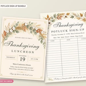 May include: A Thanksgiving luncheon invitation and potluck sign-up sheet bundle featuring a cream background with a decorative arch of autumn leaves and cotton bolls. The text includes Thanksgiving Luncheon, November 19, and Potluck Sign-Up.