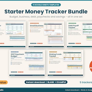 Op de afbeelding: Een digitaal pakket met vijf Google Sheets-sjablonen genaamd Starter Money Tracker Bundle. Bevat trackers voor freelancerbudget, kleine bedrijven, schuldaflossing, salarisbudget 2027 en reservefondsen. Met tekstlabels voor budget, zakelijk, schuld en sparen.