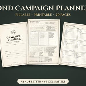 May include: A DND Campaign Planner set featuring three off-white pages with black text. The pages include a cover sheet, a Session Prep form, and an NPC Tracker. The text reads DND CAMPAIGN PLANNER, FILLABLE + PRINTABLE, 20 PAGES, A4 + US LETTER.