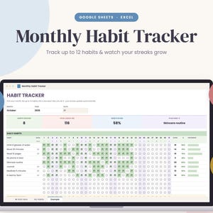 May include: A digital monthly habit tracker template for Google Sheets and Excel displayed on a laptop screen. The interface features a table for tracking 12 habits with checkboxes, progress bars, and summary statistics for daily tasks.