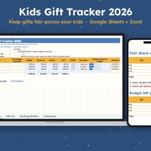 Kids Christmas Gift Tracker 2026, Gift List for Parents, Santa Gift Tracker, Stocking Stuffer List, Fair Gifts for Siblings, Excel Bild 1