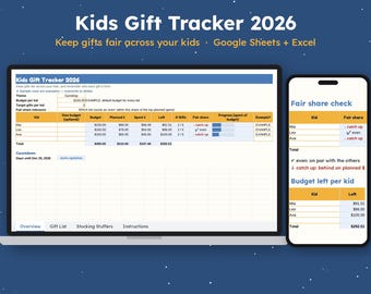 Kids Christmas Gift Tracker 2026, Gift List for Parents, Santa Gift Tracker, Stocking Stuffer List, Fair Gifts for Siblings, Excel