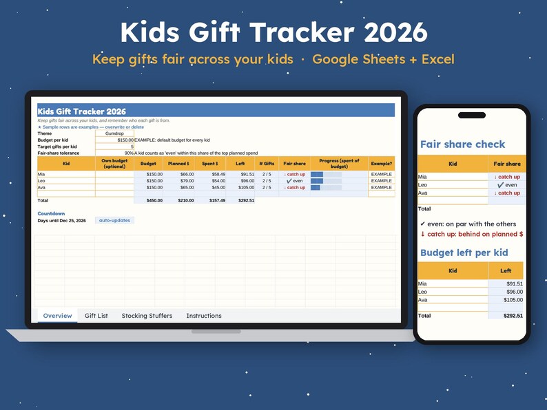 Kids Christmas Gift Tracker 2026, Gift List for Parents, Santa Gift Tracker, Stocking Stuffer List, Fair Gifts for Siblings, Excel Bild 1