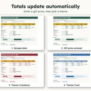 May include: A digital Holiday Money Planner 2026 spreadsheet template showing four variations. The interface includes budget categories, spending trackers, progress bars, and countdowns. Text includes 'Totals update automatically' and 'Enter a gift price, then pick a theme'.