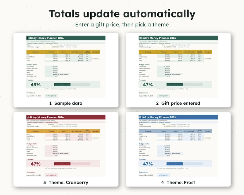 May include: A digital Holiday Money Planner 2026 spreadsheet template showing four variations. The interface includes budget categories, spending trackers, progress bars, and countdowns. Text includes 'Totals update automatically' and 'Enter a gift price, then pick a theme'.