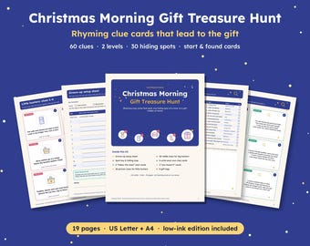 Weihnachts-Schnitzeljagd für Kinder, druckbare Schatzsuche für Weihnachtsgeschenke, Rätsel und Bildkarten für die Schatzsuche (PDF)
