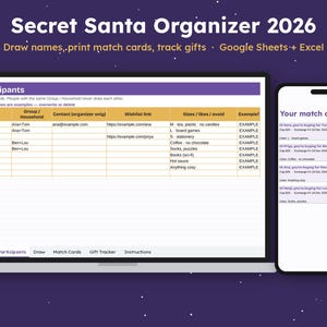 Secret Santa Organizer 2026, Name Draw Spreadsheet with Exclusions, Printable Match Cards, Office Gift Exchange, Family Secret Santa image 1