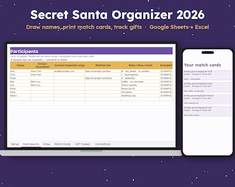Secret Santa Organizer 2026, Name Draw Spreadsheet with Exclusions, Printable Match Cards, Office Gift Exchange, Family Secret Santa