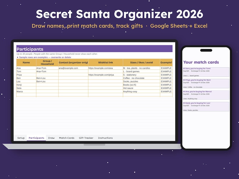 Secret Santa Organizer 2026, Name Draw Spreadsheet with Exclusions, Printable Match Cards, Office Gift Exchange, Family Secret Santa image 1