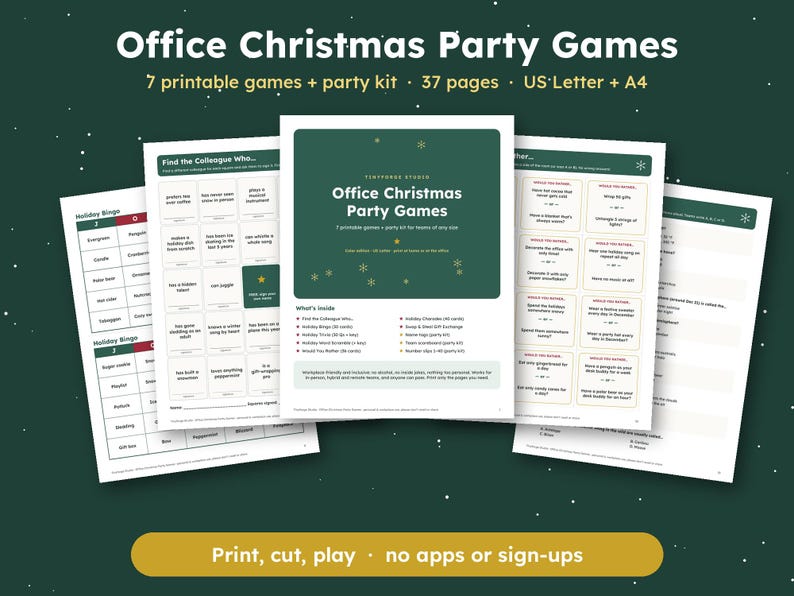 Office Christmas Party Games Bundle, Printable Holiday Bingo, Trivia, Charades, Icebreaker & Gift Swap, Work Party Games, US Letter and A4 bild 1